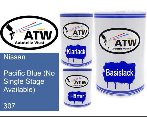 Nissan, Pacific Blue (No Single Stage Available), 307: 500ml Lackdose + 500ml Klarlack + 250ml Härter - Set, von ATW Autoteile West.